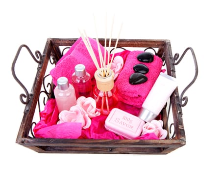 Tray with pink accessories for beauty and spa over white background