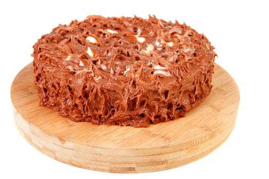 delicious chocolate pie on wooden cutting board over white background