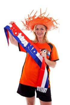 Dutch female soccer supporter in orange outfit holding scarf ready for the match over white background