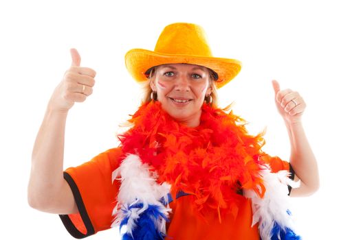 Dutch female soccer supporter in orange outfit with thumbs up over white background