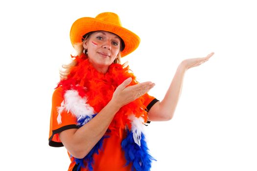 Dutch female soccer supporter in orange outfit is showing over white background