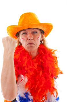 Angry Dutch female soccer supporter in orange outfit over white background