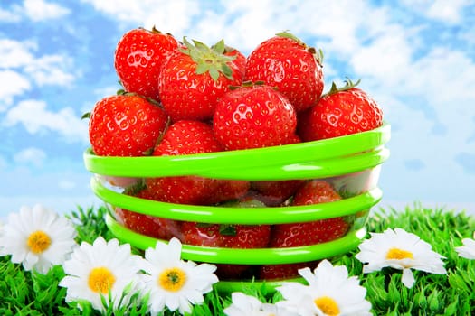 Bowl with fresh strawberries on grass over cloudy background