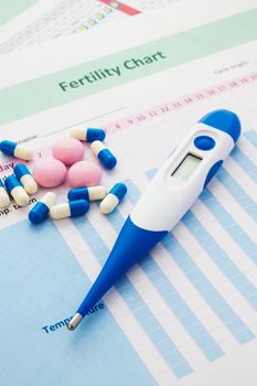 Electronic thermometer and pills on fertility chart