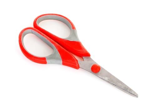 One red scissors isolated on white background