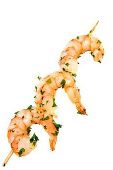 prawn snacks on stick over white background