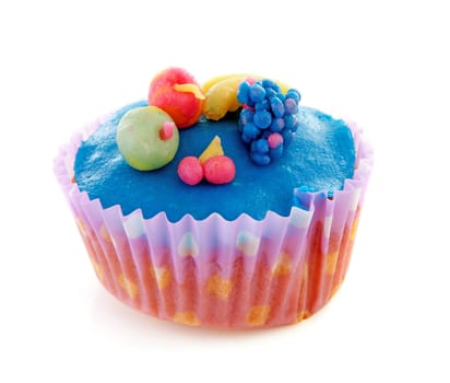 cupcake with marzipan decoration over white background