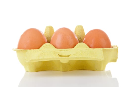 Chicken eggs in yellow carton box over white background