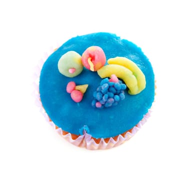 cupcake with marzipan decoration over white background