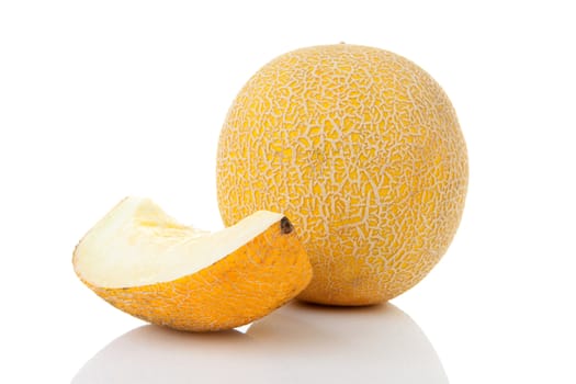 Fresh yellow cantaloupe melon isolated on white background