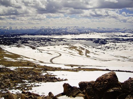 Beartooth Highway snakes through the mountains of Montana in Winter