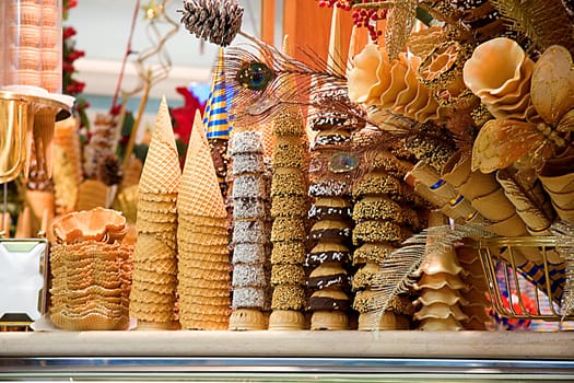 Lots of beautiful  ice cream cones in closeup
