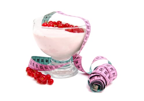 glass bowl with yogurt,berrie fruit and measure tape for dieting over white background