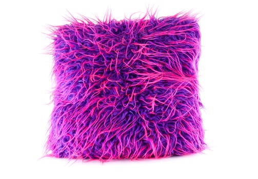 purple and pink hairy pillow over white background