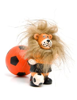Orange soccer ball and lion isolated on white background