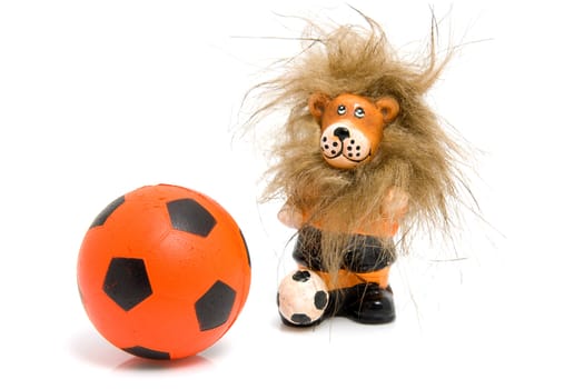 Orange soccer ball and lion isolated on white background