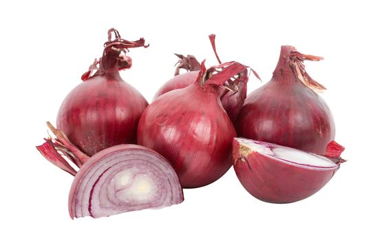 red onions full and peaces, isolated on white