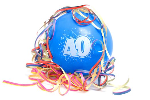 Blue birthday balloon for someone who is 40 years old with party streamers over white background