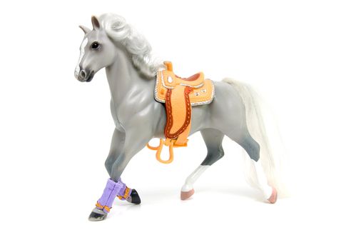 grey plastic toy horse over white background