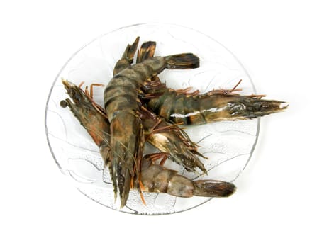plate with raw shrimp isolated on white background
