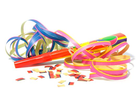 Party horn with streamers over white background