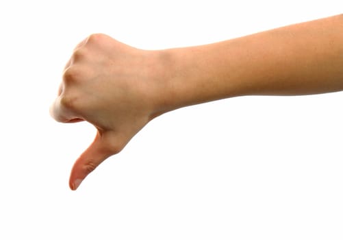 Body part, tumbs down over white background