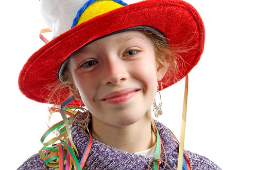 birthday girl in closeup over white background is smiling