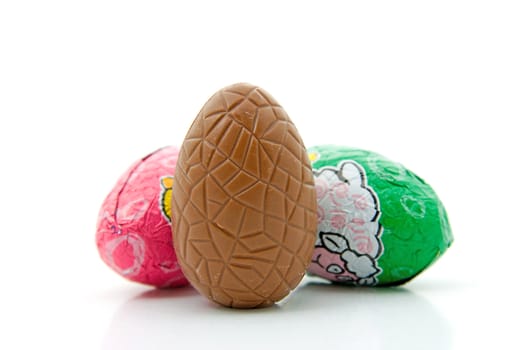 chocolate easter in closeup over white background