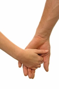 Adult man and child holding hands over white background