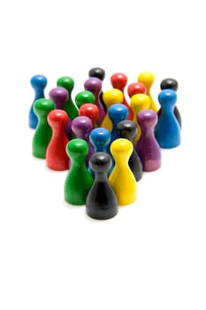 Lots of colored pawn in group over white background