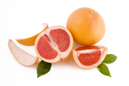 Fresh peeled red grapefruits isolated on white background