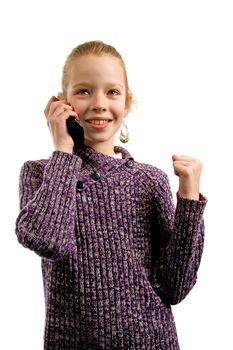 Girl is happy on the phone isolated on white background