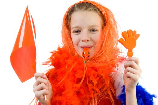 Girl is posing in orange outfit for soccer game over white background