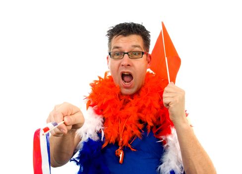 Man is posing in orange outfit for soccer game and screams goal over white background