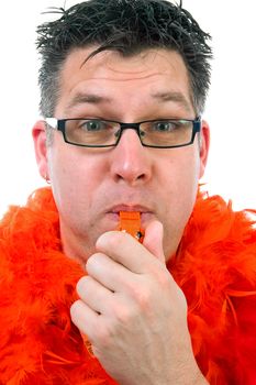 Man is posing in orange outfit for soccer game over white background