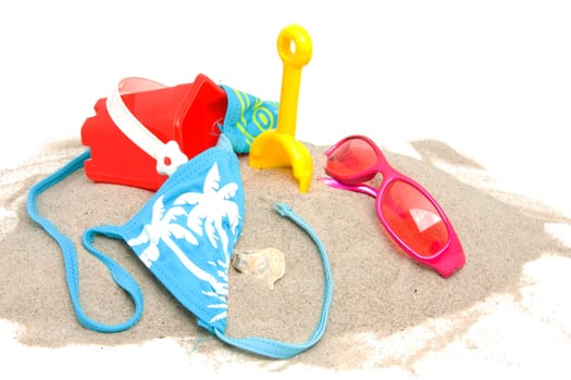 beach stuff on sand over white background