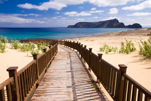 Wooden footbridge leading to the beach on the Madeira islands, Porto Santo