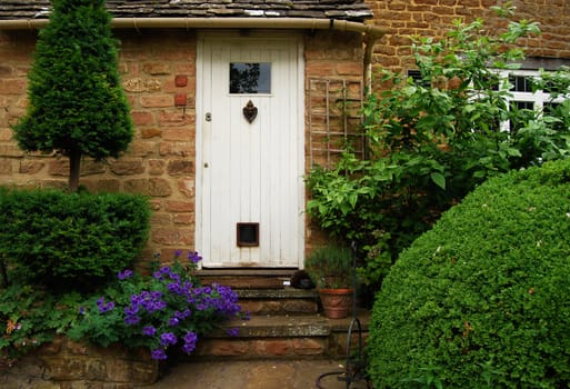 White wooden country house door, stonewall, plants