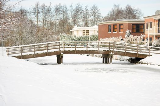 houses and Bridge with snow, it is winter in Holland