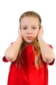 Blonde young girl covers her ears: Hear no evil, isolated on white background