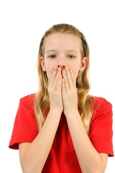 Young blonde girl covers her mouth: speak no evil, isolated on white background
