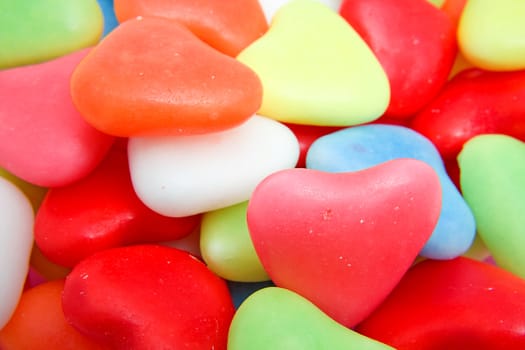 Background of colorful hearts candy in closeup