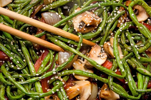 long green beans preparing in pan in closeup for dinner
