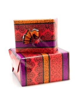 Two colorful birthday presents isolated on white background