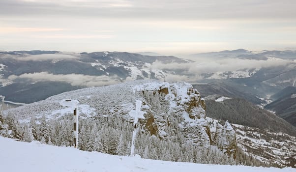 Winter mountain landscape , Ceahlau mountains in Romania