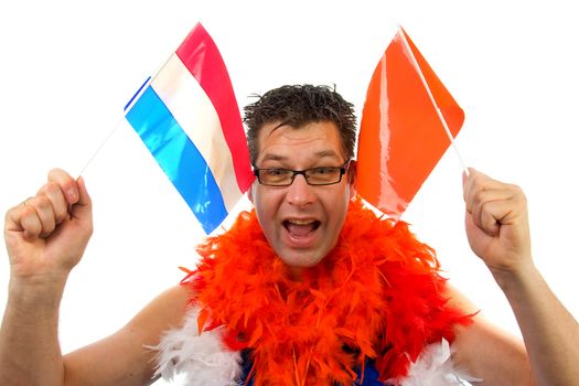 Man is watching soccer game over white background