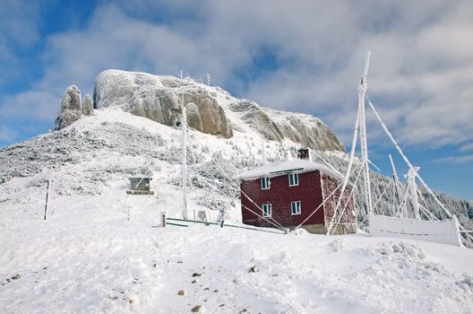 Snow climbers shelter on a mountain