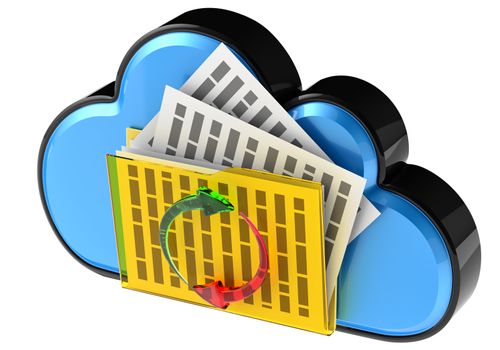 Cloud computing and storage internet security concept as is blue glossy cloud icon with folder and documents on white background