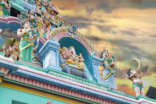 Sri Layan Sithi Vinayagar Temple Lord Ganesha Deity Statues Gopurams Tower Against Sunset Sky