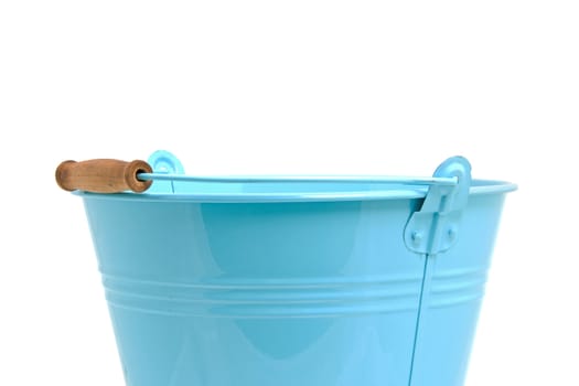 Top of an empty blue bucket over white background
